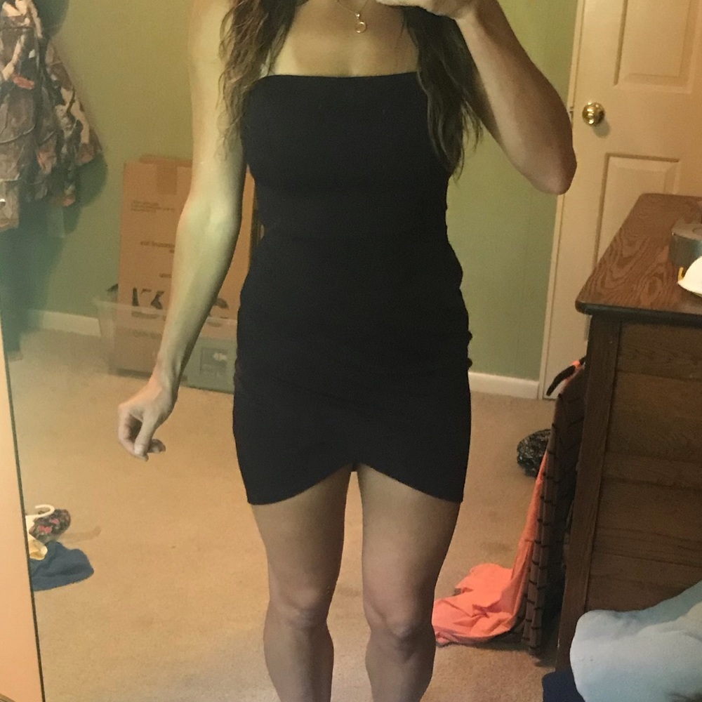 Plum asymmetrical strapless bodycon dress
